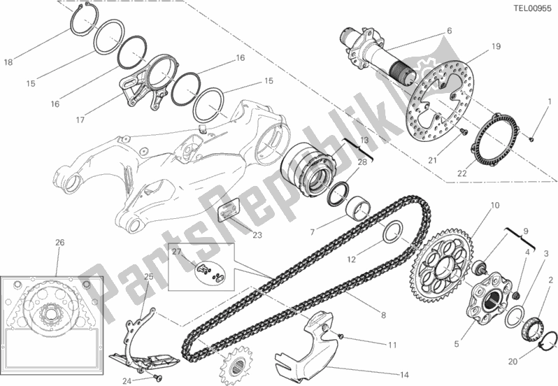 All parts for the Rear Wheel Spindle of the Ducati Superbike 1199 Panigale ABS Brasil 2015